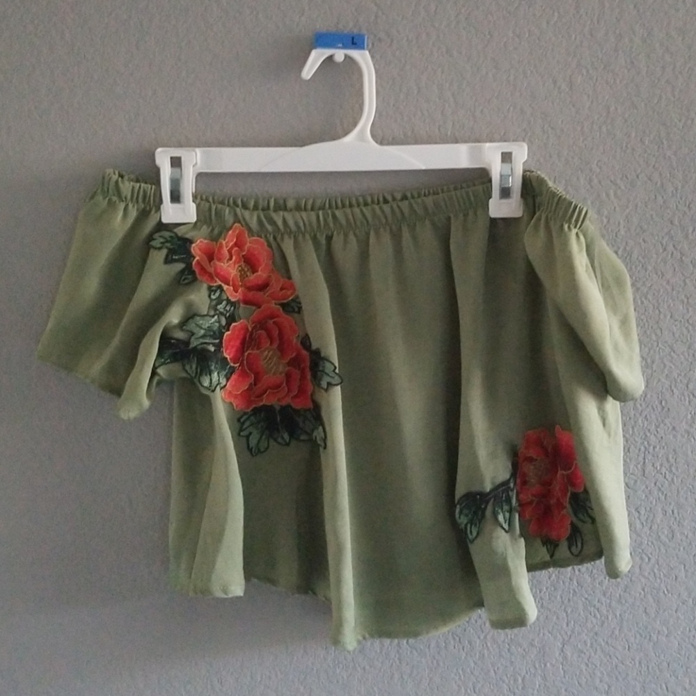 Green embroidered Off the shoulder top